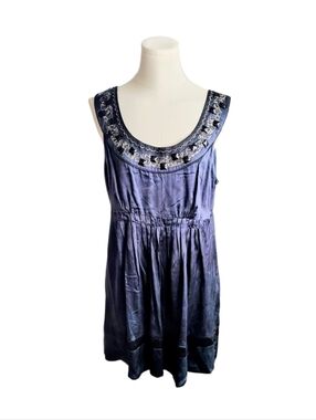 Kensie 100% Silk Deep Blue Jewel Tone Silver Jeweled Embroidered Dress Size 12